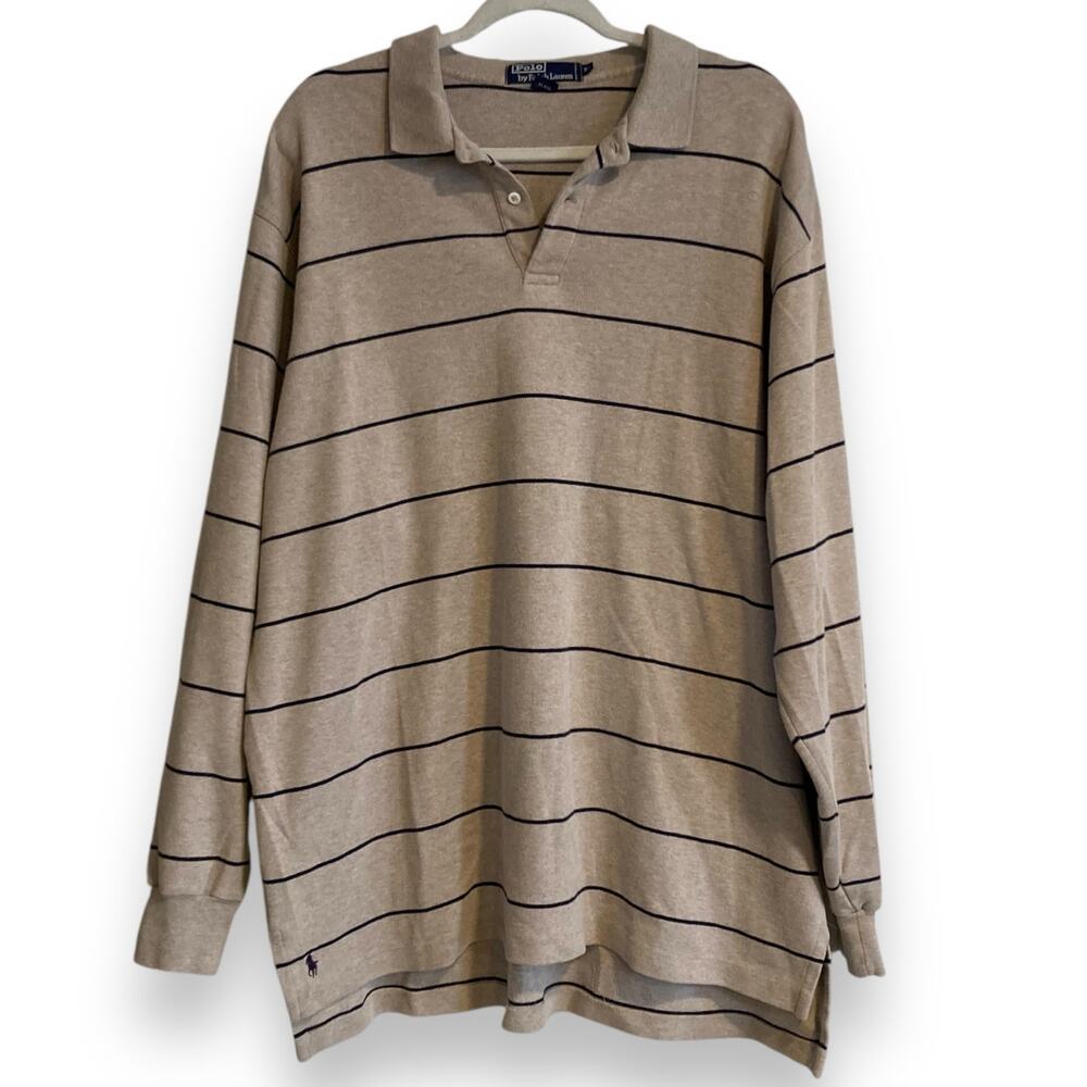Polo by Ralph Lauren Beige and Black Striped Long-Sleeve Polo